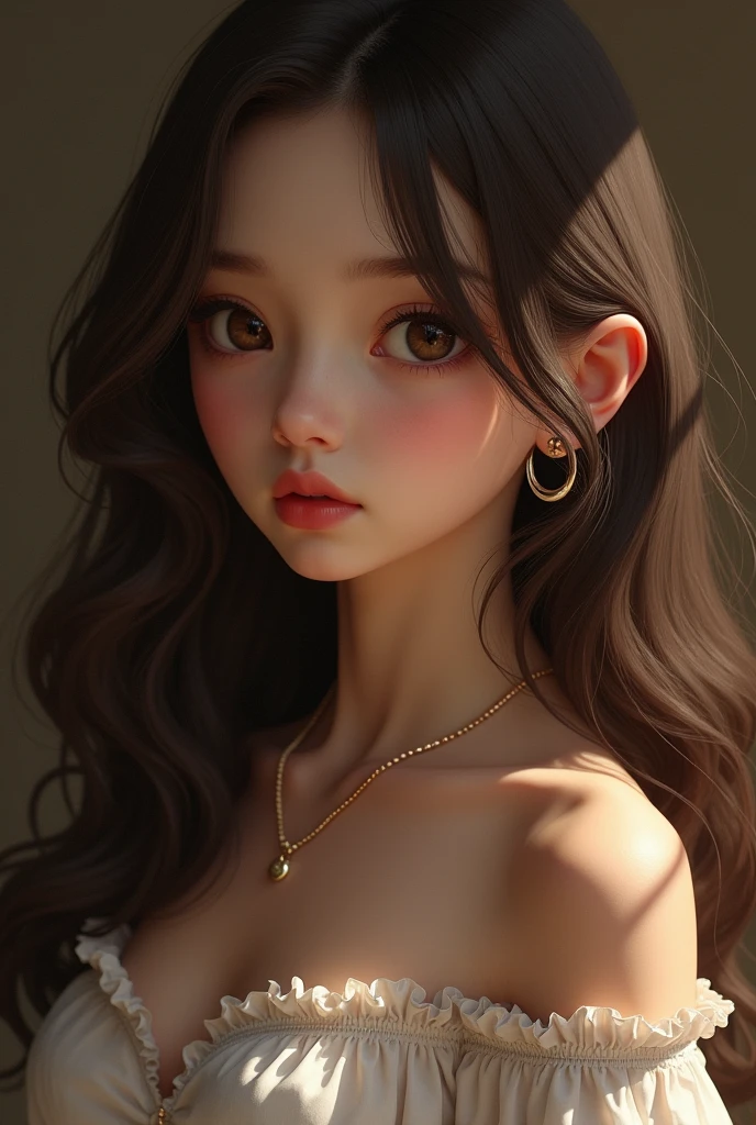 1girl , solo, long hair, small breasts, looking at viewer, brown eyes, jewelry, necklace, off shoulder, , skinny, lips, realistic, nose, flirting with camera, cleavage, perfect eyes