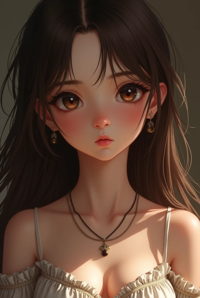 1girl 13 year old, solo, long hair, small breasts, looking at viewer, brown eyes, jewelry, necklace, off shoulder, , skinny, lips, realistic, nose, flirting with camera, cleavage, perfect eyes
