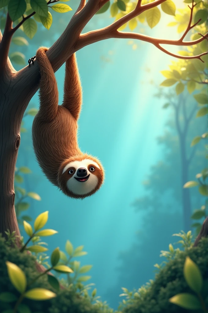 A photo frame with a blue background, where a sloth hanging on tree branche in upside way in a forest in a sunny day in animated way in a sunny day and in a funny way