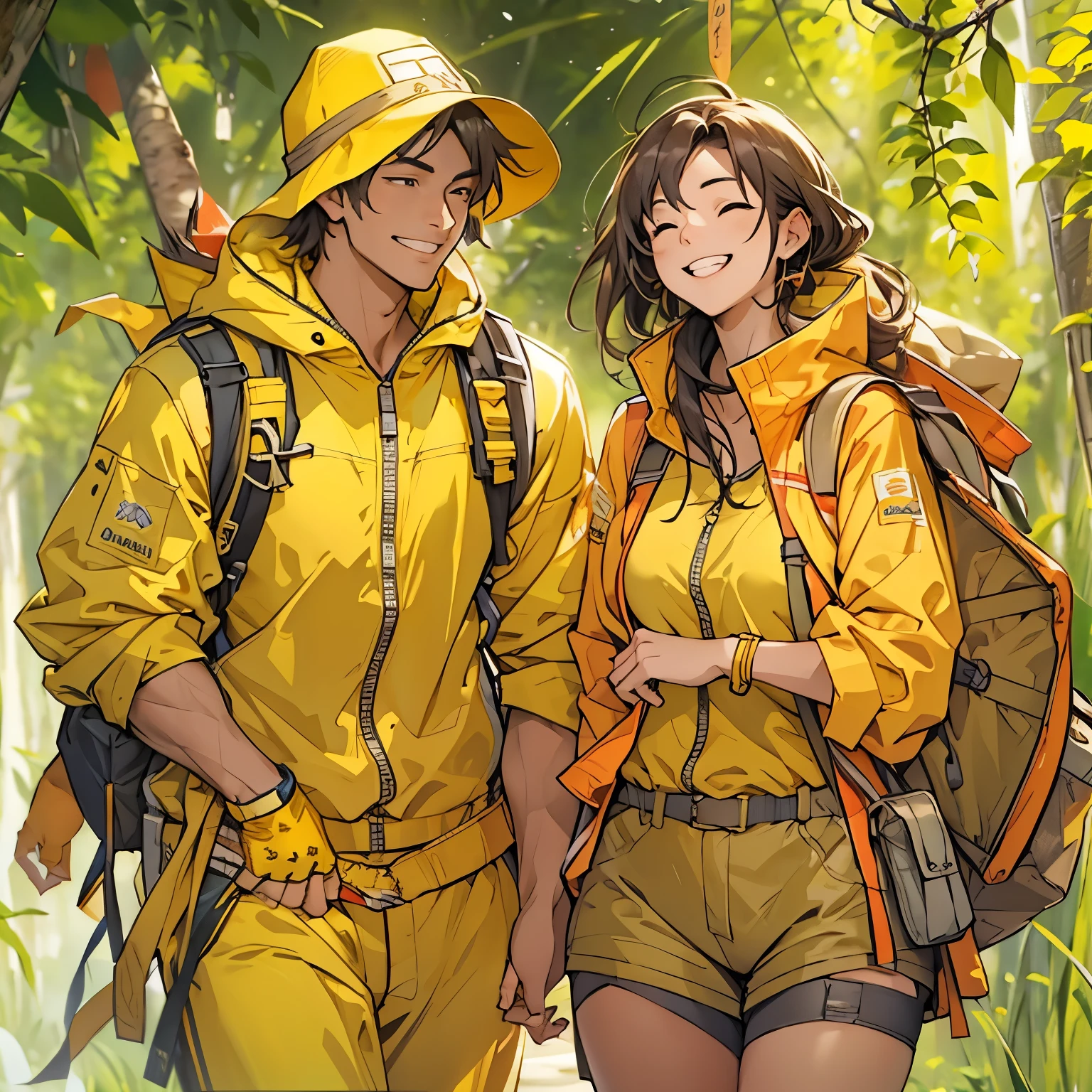 Inspired by the MBTI adventurer、A man and woman in yellow outfits smiling kindly。In a gentle atmosphere。