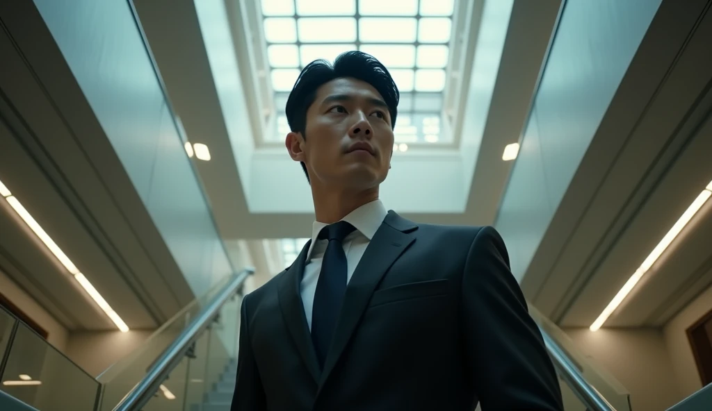 Handsome Korean man standing on the upper floor and looking down, low angle, inside the building, realistic lighting, cinematic style, closeup, 