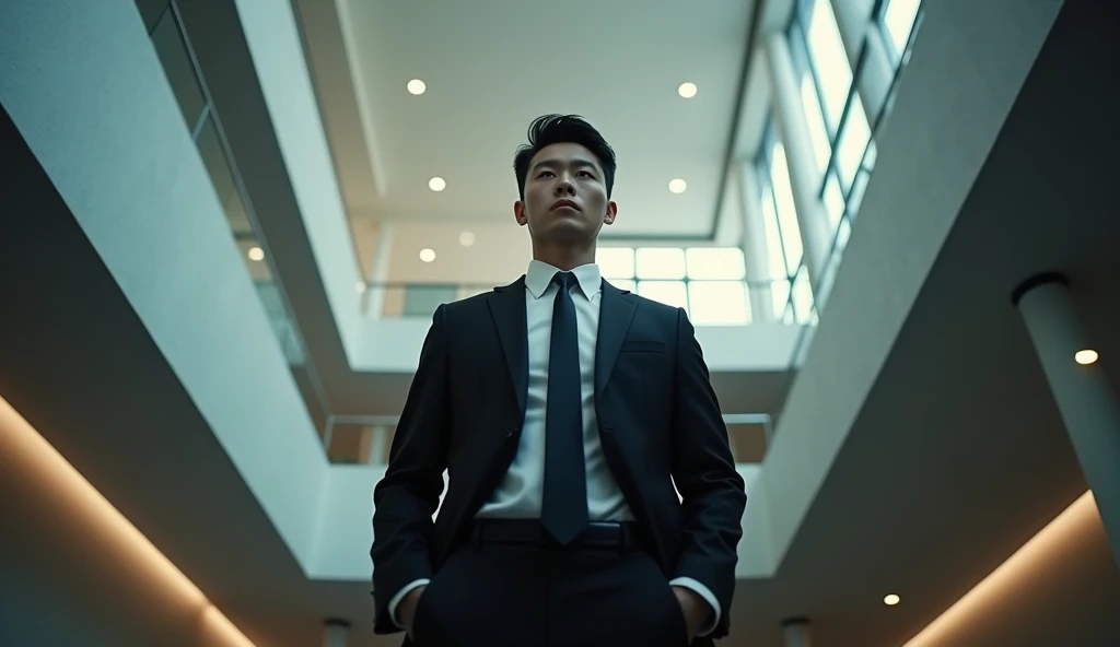 Handsome Korean man standing on the upper floor and looking down, low angle, inside the building, realistic lighting, cinematic style, closeup,
