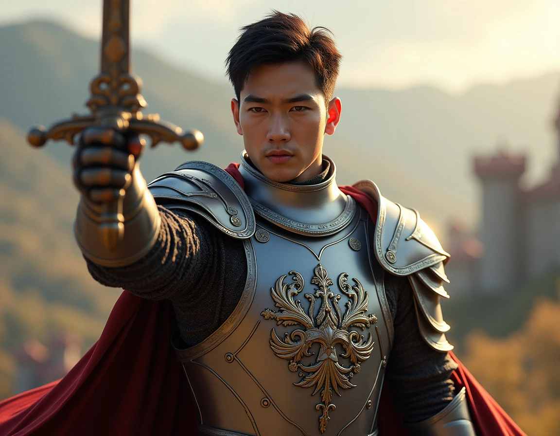 A young handsome asian man  Knight with a sword and his coat of arms