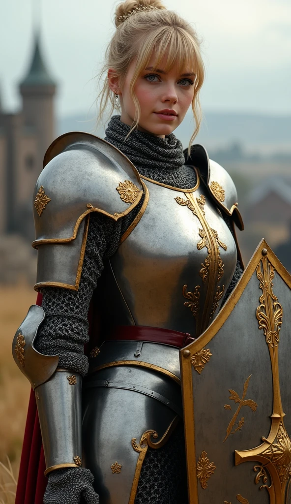 View your viewers, English Woman, Princess, 20-year-old, Blonde , Hair Bun , fringe, Beautiful Blue Eyes, A small smile, (Mid-cup bust, Slender Hoist, Middle Hip ),tiara , A scene of a medieval knight standing proudly in armor. The knight is wearing shining metal armor, Clad in armor, including bracers, foot armor, Exquisite Armor Detail, Chainmail and the like, Plate Armor, Decorative motifs, It needs to be prominently displayed, Brown laser-powered armor, (The knight holds a shield in one hand、A sword in the other、Hall々Standing。:1.5), Exuding courage and bravery. The background must evoke a medieval atmosphere, A castle and battlefield can be seen in the distance, Enhancing the noble and heroic presence of the knight