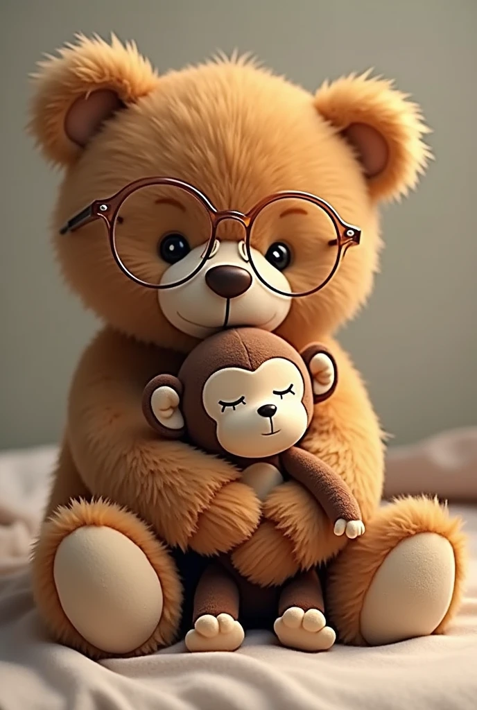 A teddy bear wearing glasses hugging a stuffed monkey with its eyes closed.