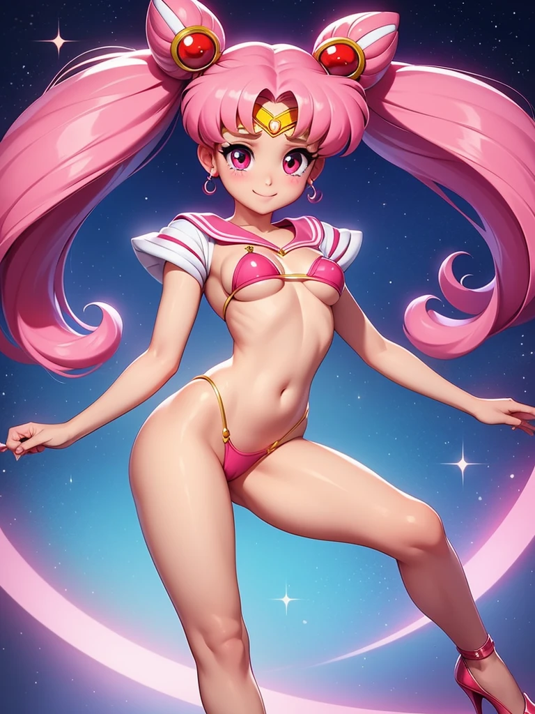 Small breasts、Full body view、Chibiusa、Sailor Moon（Chibiusa）Flat chest、Spread your legs、Small breasts、Full body view、Chibiusa、Sailor Moon（Chibiusa）Flat chest、Spread your legs、micro bikini,non nude、smile、Raise one leg,very cute,muscle、big eye,tear、high kick,high quality, high heels, 