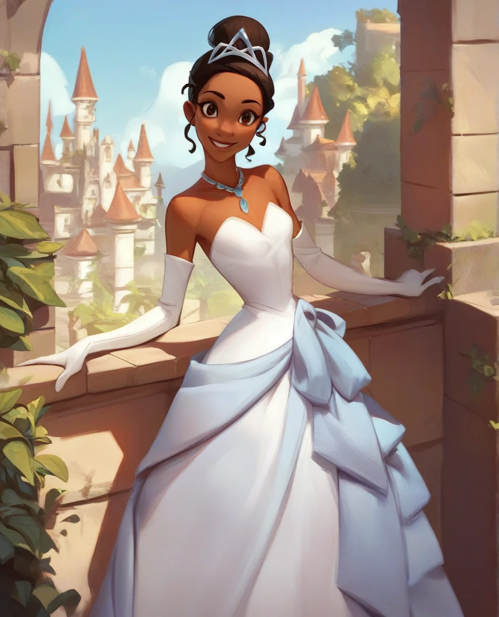 zPDXL,TianaXLP, hair bun, brown eyes, dark-skinned female, Naked, necklace, elbow gloves, tiara, looking at viewer, smiling, standing, outside, courtyard, hedge, castle, sunny,