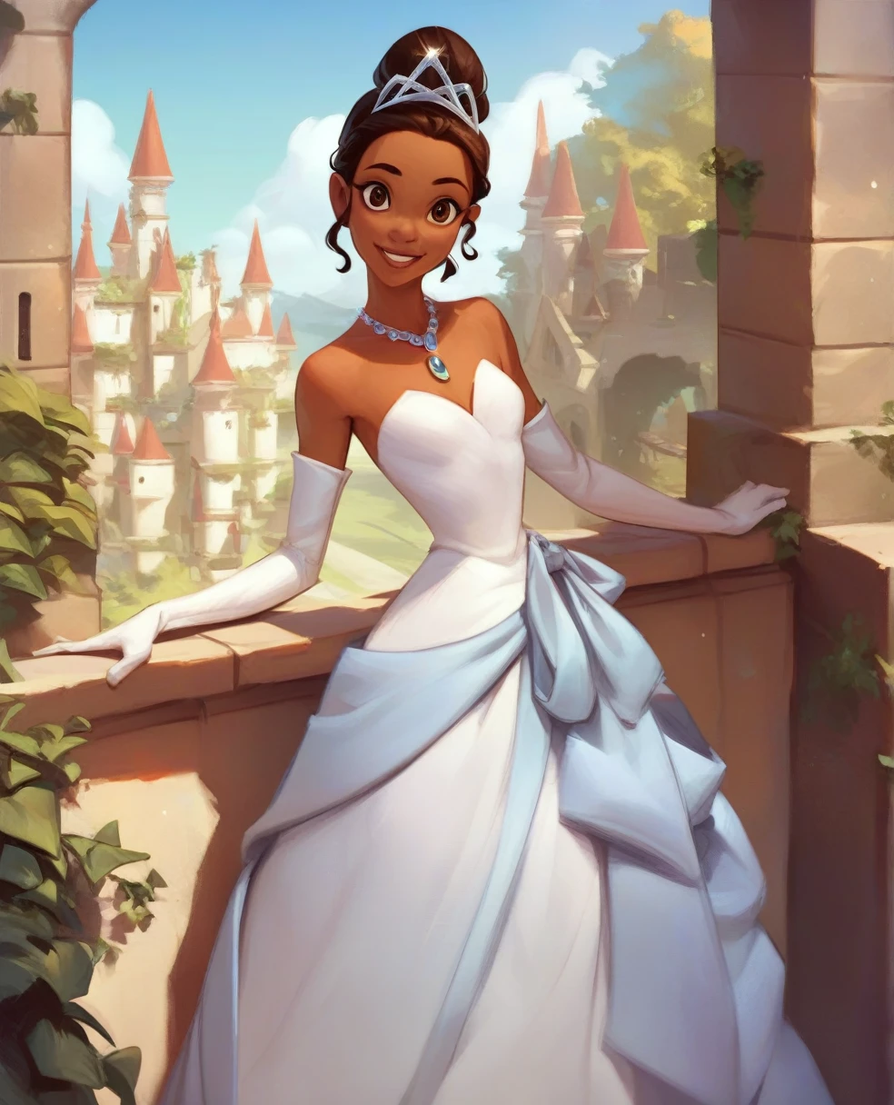 zPDXL,TianaXLP, hair bun, brown eyes, dark-skinned female, Naked, necklace, elbow gloves, tiara, looking at viewer, smiling, standing, outside, courtyard, hedge, castle, sunny,