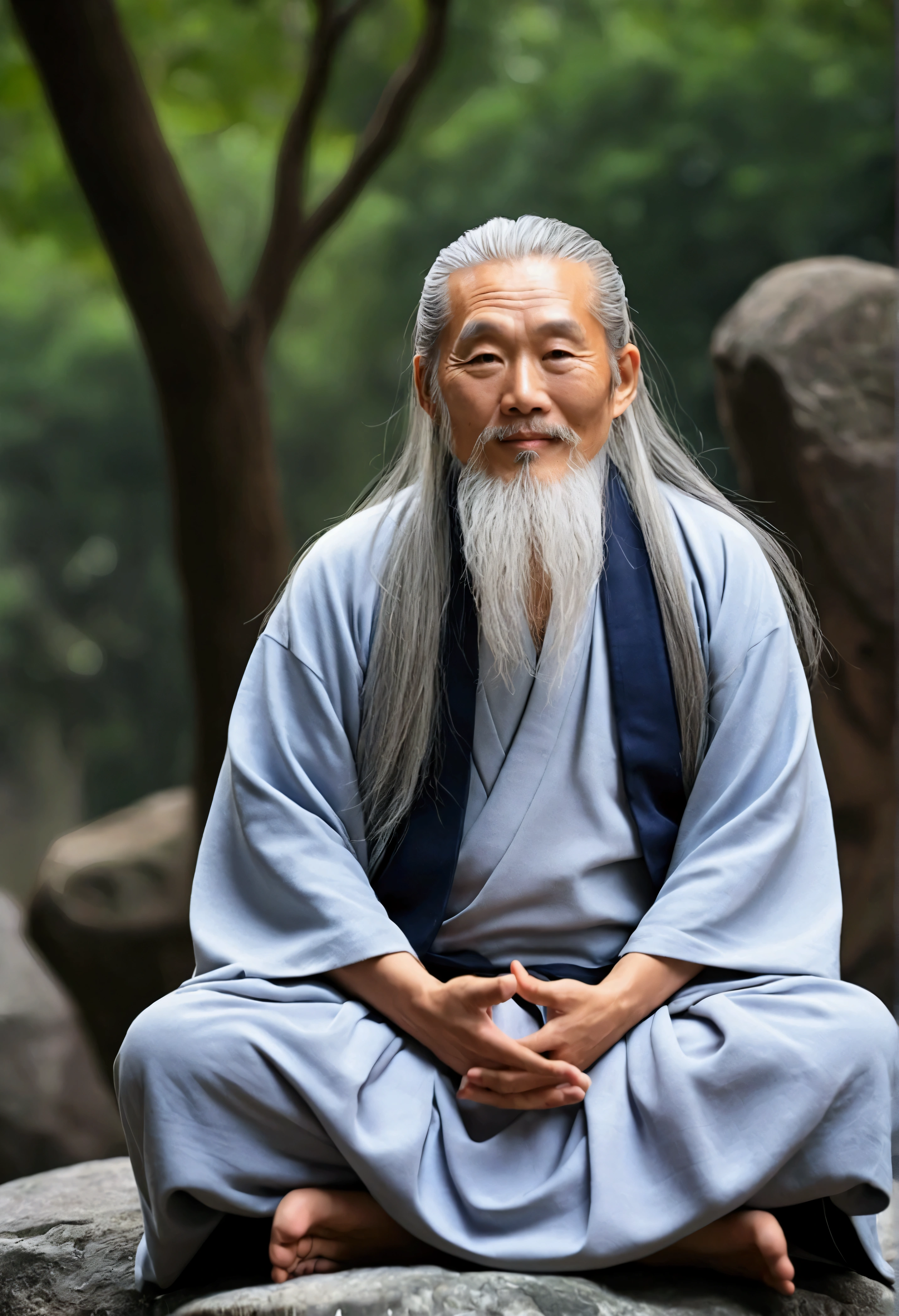 30-year-old Asian middle-aged Taoist elder sitting on stone close-up,Long whit hair，long beard，Cross-legged meditation，Daoism, Wearing a gray robe，magic aura，Master of Taoism,Taoist，at centre，Face the lens，Very bright colors, light Particle, with light glowing, Mushiv, Wallpaper Art, UHD Wallpapers, (smile).