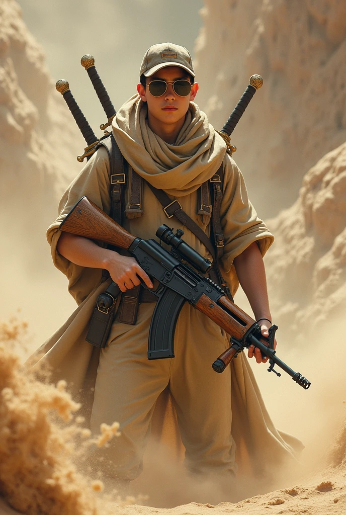 A young white man controlling sand, holding an AK47 rifle with a scope and with two swords on his back, wearing Juliet sunglasses and a backwards cap.
