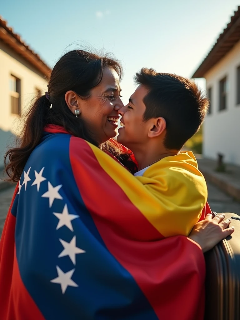 Coming out of a house, a mother wrapped in the Venezuelan flag hugs her son who is arriving with suitcases., The photo is focused from the side, Full body view of the happy and tear-filled faces of both, The sky looks clear, hyperrealistic