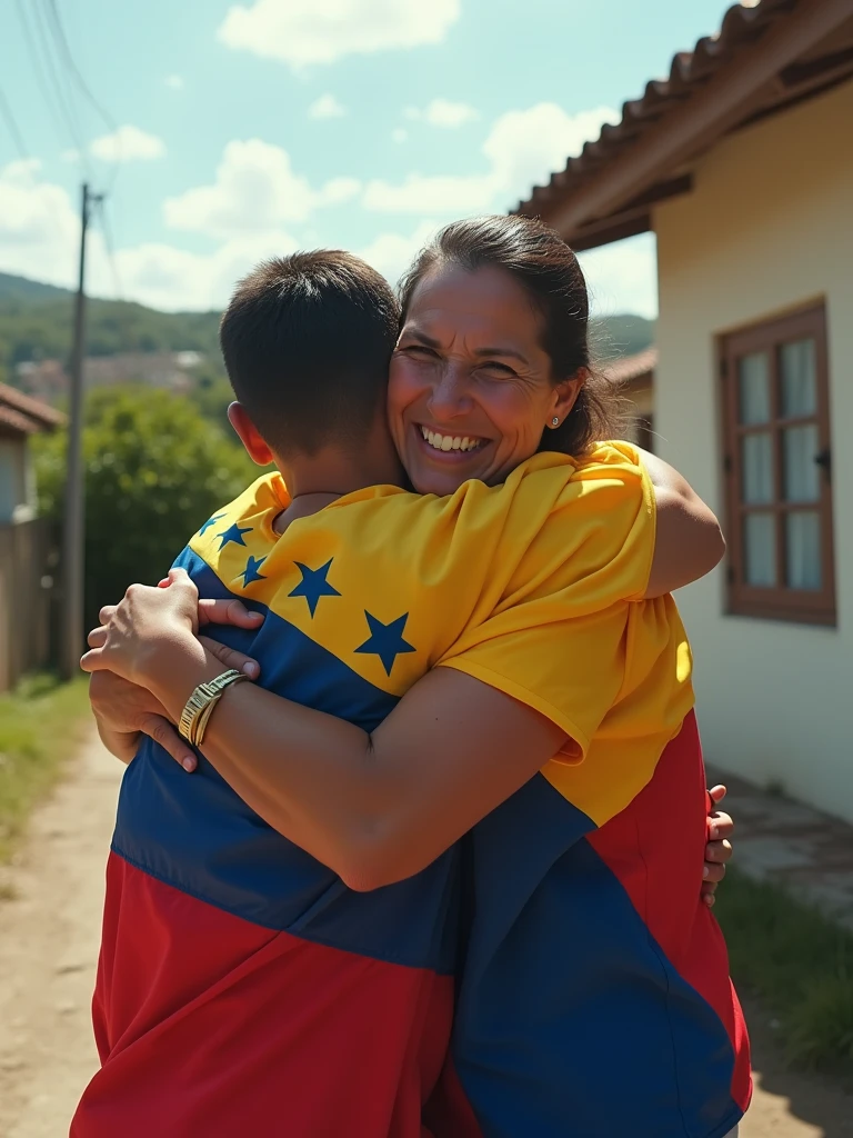 Coming out of a house, a mother wrapped in the Venezuelan flag hugs her son who is arriving with suitcases., The photo is focused from the side, Full body view of the happy and tear-filled faces of both, The sky looks clear, hyperrealistic