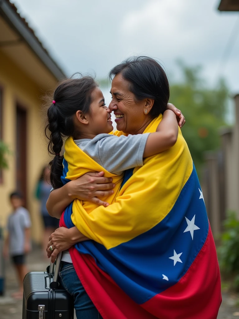 Coming out of a house, a mother wrapped in the Venezuelan flag hugs her son who is arriving with suitcases., The photo is focused from the side, Full body view of the happy and tear-filled faces of both, The sky looks clear, hyperrealistic