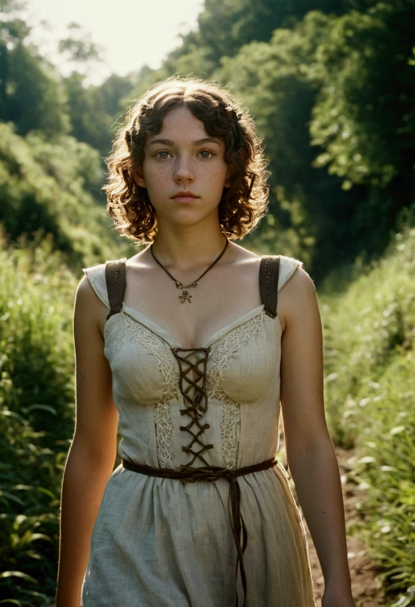 analog film photo, photo of a young elven girl, 18 years old, elf ears, amber eyes, curly brunette bob cut, dark skintone, freckles, Amazonian stature, voluptuous hourglass figure, busty bosom, narrow waist, full hips, big plump buttocks, wearing a linen sun dress, strolling through a sunny fantasy landscape, RAW Photograph, dslr, soft lighting, high quality, film grain, Fujifilm XT3, detailed skin with visible pores, insane details, masterpiece, 8k, 35mm photograph, dslr, kodachrome, faded film, desaturated, grainy, vintage, Lomography, stained, highly detailed, found footage, close-up shot, elven ears
