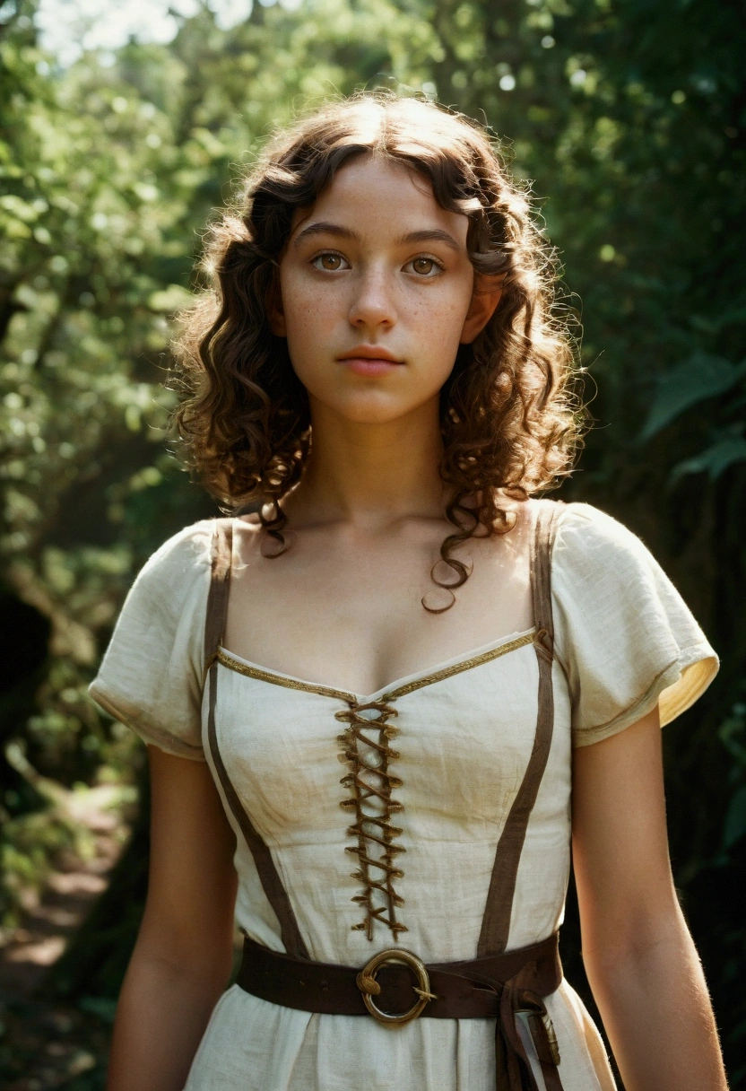 analog film photo, photo of a young elven girl, 18 years old, elf ears, amber eyes, curly brunette bob cut, dark skintone, freckles, Amazonian stature, voluptuous hourglass figure, busty bosom, narrow waist, full hips, big plump buttocks, wearing a linen sun dress, strolling through a sunny fantasy landscape, RAW Photograph, dslr, soft lighting, high quality, film grain, Fujifilm XT3, detailed skin with visible pores, insane details, masterpiece, 8k, 35mm photograph, dslr, kodachrome, faded film, desaturated, grainy, vintage, Lomography, stained, highly detailed, found footage, close-up shot, elven ears

