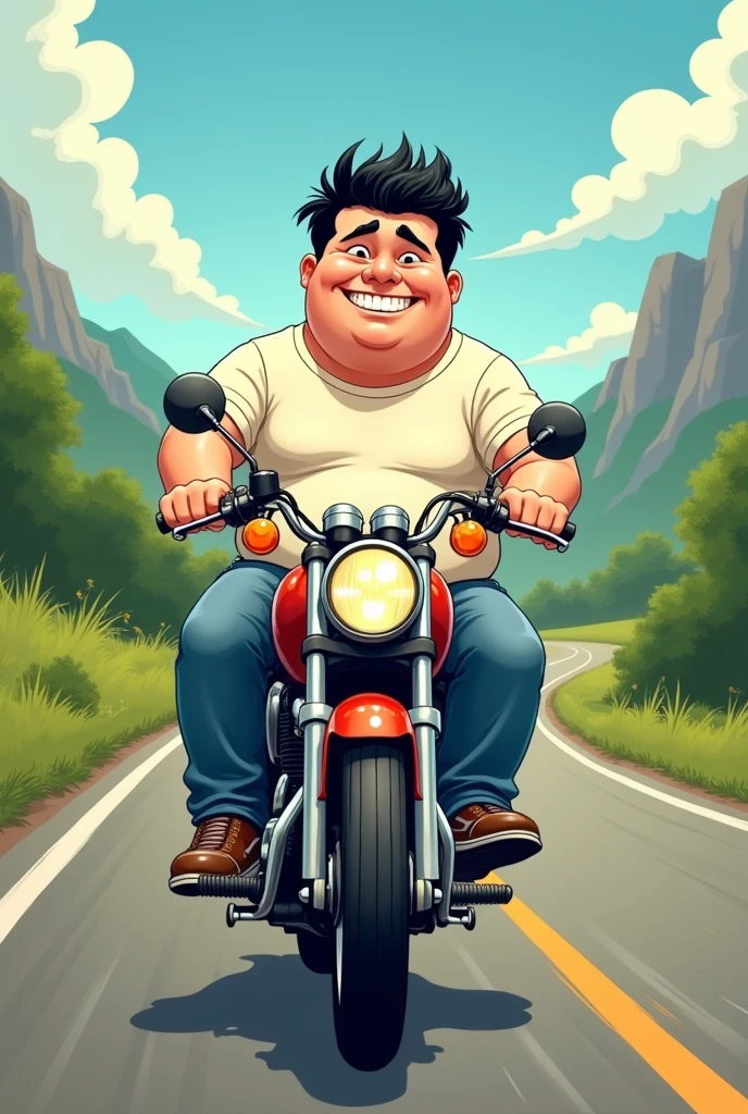 Create a 25 year old white guy, black haired and short and fat, riding a motorcycle without a helmet in cartoon. 
