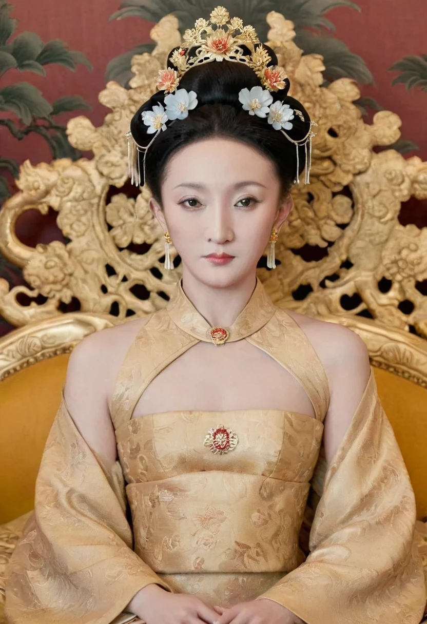 A full-body portrait of a Qing Dynasty Empress sitting naked on a large golden sofa in the palace.,  Empress of the Qing Dynasty, Wearing a large crown, She is completely naked, Showing off gorgeous large flowers and hairpins, She tied her hair up and pulled it up, 背景はEmpress of the Qing Dynastyの豪華な宮殿.