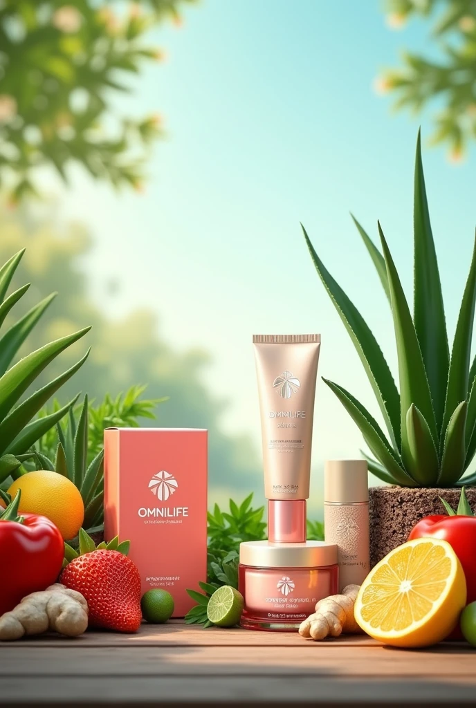 Display boxes with the OMNILIFE logo and fruits and vegetables around them , makeup jars with Seytu logo and aloe vera plants on one side , ginger and clear landscape