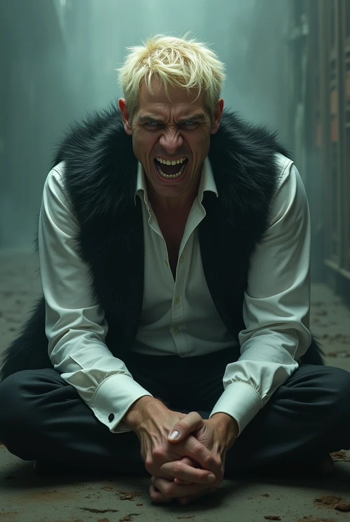 1 man, elegant, White shirt, black fur, Blonde pupils, sitting on the floor, clenched teeth, Grips, half: 1.2, anger: 1.2, tears, Surrealism