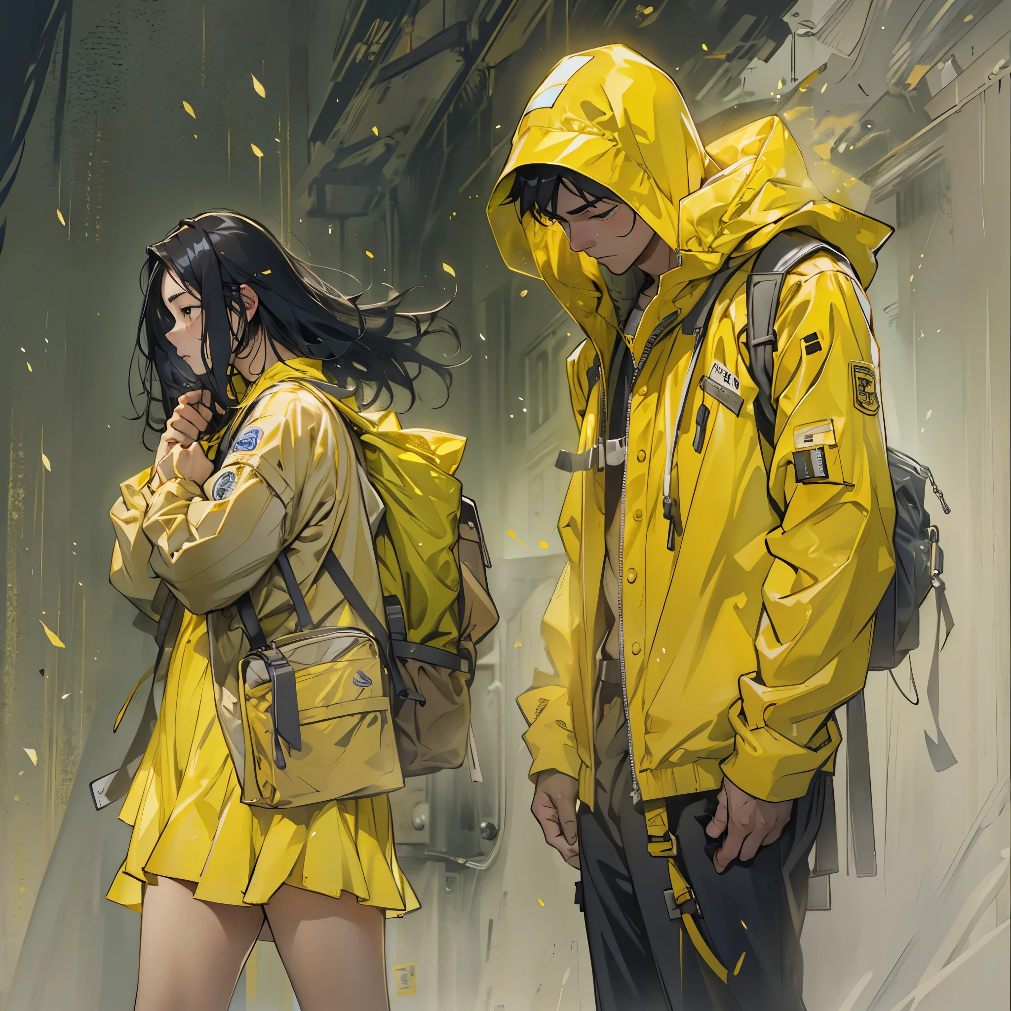 Inspired by the MBTI adventurer、Sad and crying man and woman in yellow outfits。In a fleeting atmosphere。