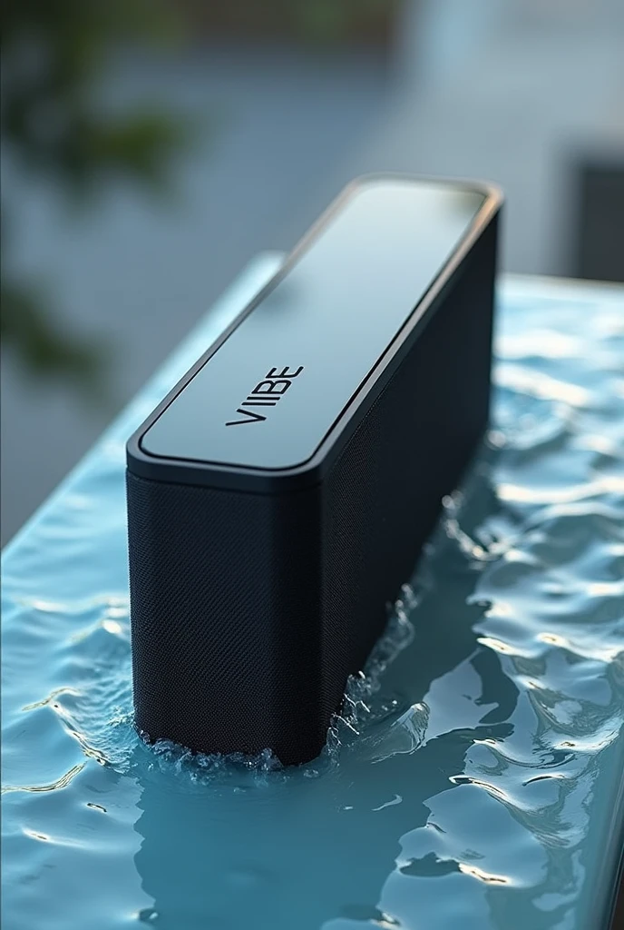 LONG RECTANGULAR SPEAKER WITH THE VIBE LOGO THAT IS WATER RESISTANT AND CAN GET WET