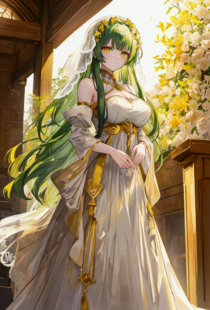 a woman with long dark green hair, yellow eyes,Wedding dress,Bangs,The golden sun in the background