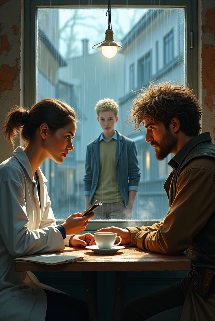make a female scientist and a man with messy brown hair and medieval peasant-style villager clothes in a cafe drinking coffee and through the window there is a man watching them , He is tall, blonde with medium-length hair wearing school clothes, rainy atmosphere