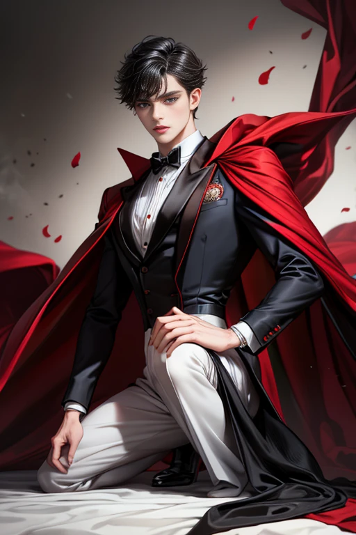 
masterpiece, 最high quality, high quality, 1 boy, alone, Male focus, Watching the audience,  Messy black hair, Adorable big blue eyes, White people, Noble, Noble,Sexy voluminous black and red cape、Tuxedo、A very voluminous, large, very large, very large, long, long red and black cape with a high stand-up collar, reaching down to the floor, made of a lot of fabric., ,Cute beautiful boys,Cute, cute, kind, handsome guy