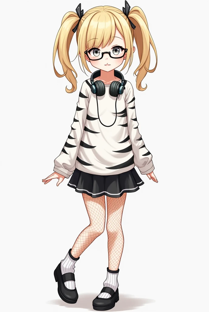 
You can create an anime girl in the moe art style as well, Let me tell you how you should do it, Two pigtails, hair color between blonde and white, with some loose strands that are white with white lines, The ends should be black with lots of bangs. Add a white strand with black lines to the bangs as well. Big white eyes with glasses, pale skin, thin face, and headphones around the neck. White shirt with black stripes like a tiger. White shirt with black stripes, small waist, black sleeves, black skirt almost the same as the shirt, and fishnet tights with cute black shoes.