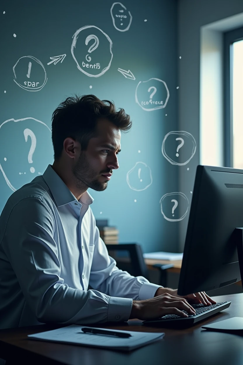 Create a realistic image of a person with a list of problems in front of a computer doing ETL on data