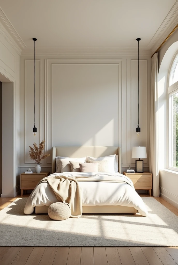Professional 3d architecture rendering design of modern and   light moss and  Thunder and light cream French design for bedroom  and light  cream Persian  silk carpet and white painting wall 