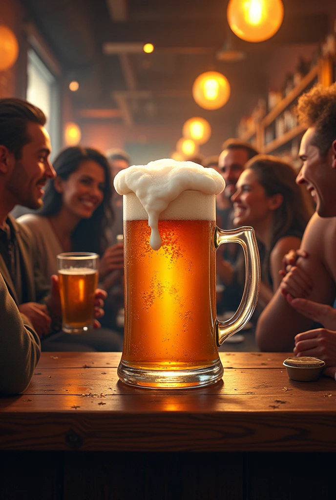 A beer pitcher in a bar with people