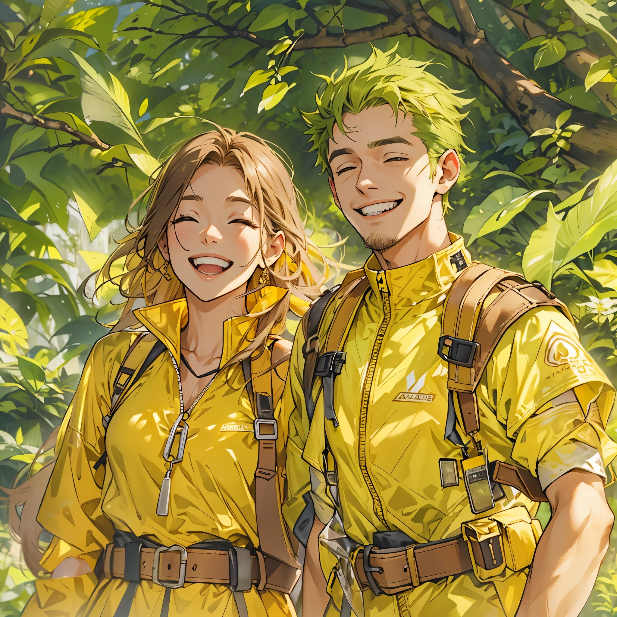 Inspired by the MBTI adventurer、A man and woman in yellow outfits smiling kindly。In a gentle atmosphere。