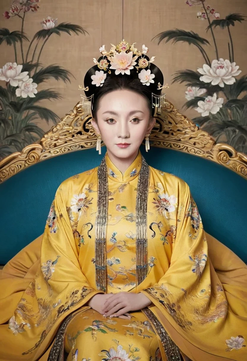 A full-body portrait of a Qing Dynasty Empress sitting naked on a large golden sofa in the palace., Empress of the Qing Dynasty, Wearing a large crown, She is completely naked, Showing off gorgeous large flowers and hairpins, She tied her hair up and pulled it up, 背景はEmpress of the Qing Dynastyの豪華な宮殿.