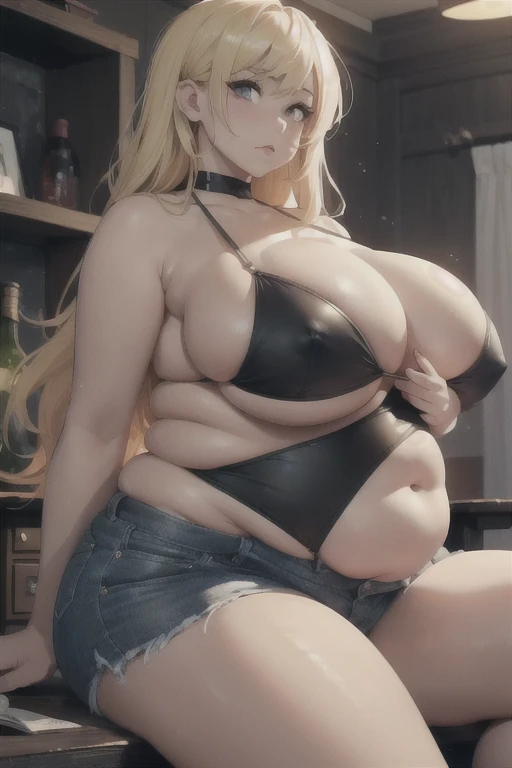 best quality, high rating, 8k, high resolution, beautiful face, gorgeous, masterpiece, ((flawless)), (((high rating))), (highly detailed face), masterpiece, full resolution, highly detailed skin texture, 8k, high resolution, beautiful face, 1woman, stuffed belly, chubby, c.cu(artist), blushyspicy(artist), wide eyes, embarrassed, surprised, shocked, large_breasts, wide_hips, big_butt, deep navel, burping, long hair, dark tanned skin, (huge chubby belly), soft belly, smooth belly, overweight, belly_grab, sitting, hyper boobs, tight clothes, grabbing belly, jean shorts, black bikini top, blonde hair, (hyper gigantic fatass)