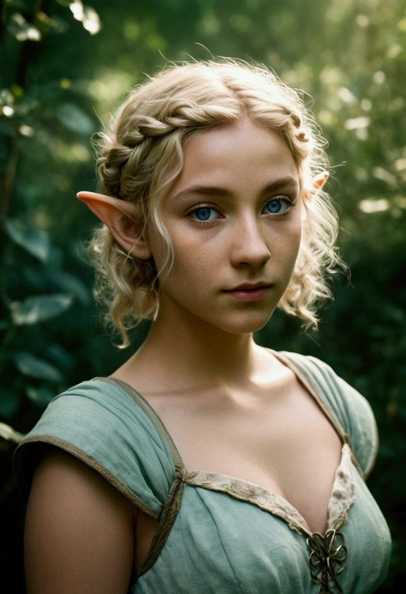 analog film photo, photo of a young elven girl, 18 years old, elf ears, azure eyes, curly blonde bob cut, tan complexion, Amazonian stature, voluptuous hourglass figure, busty bosom, narrow waist, full hips, big plump buttocks, wearing a linen sun dress, strolling through a sunny fantasy landscape, RAW Photograph, dslr, soft lighting, high quality, film grain, Fujifilm XT3, detailed skin with visible pores, insane details, masterpiece, 8k, 35mm photograph, dslr, kodachrome, faded film, desaturated, grainy, vintage, Lomography, stained, highly detailed, found footage, close-up shot, elven ears