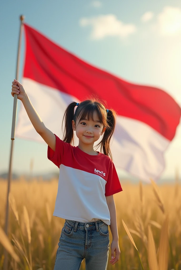 1 Korean girl with beautiful skin, well-groomed face, standing on the outdoor solo field, red and white short t-shirt with the Indonesian logo, holding a red and white flag, realistic levis pants, brown hair, smiling, brown eyes, black hair, long, twintails, looking at the audience, standing, field .RI's 79th anniversary