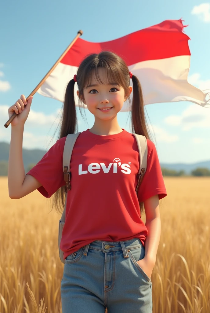 1 Korean girl with beautiful skin, well-groomed face, standing on the outdoor solo field, red and white short t-shirt with the Indonesian logo, holding a red and white flag, realistic levis pants, brown hair, smiling, brown eyes, black hair, long, twintails, looking at the audience, standing, field .RI's 79th anniversary