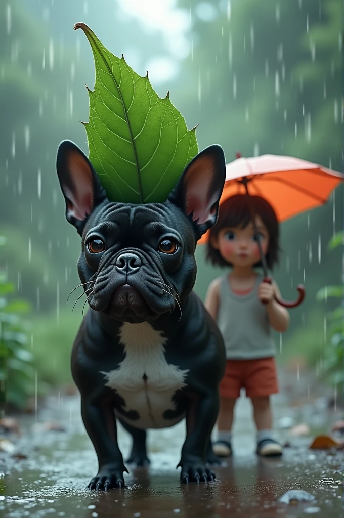 A black female French Bulldog with a leaf on its head that is Totoro with a girl in the rain with an umbrella
