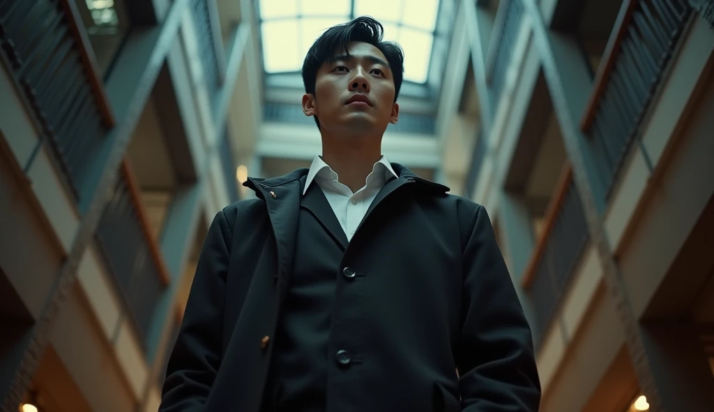 Handsome Korean man standing on the upper floor and looking down to viewer, low angle, inside the building, realistic lighting, cinematic style, closeup,