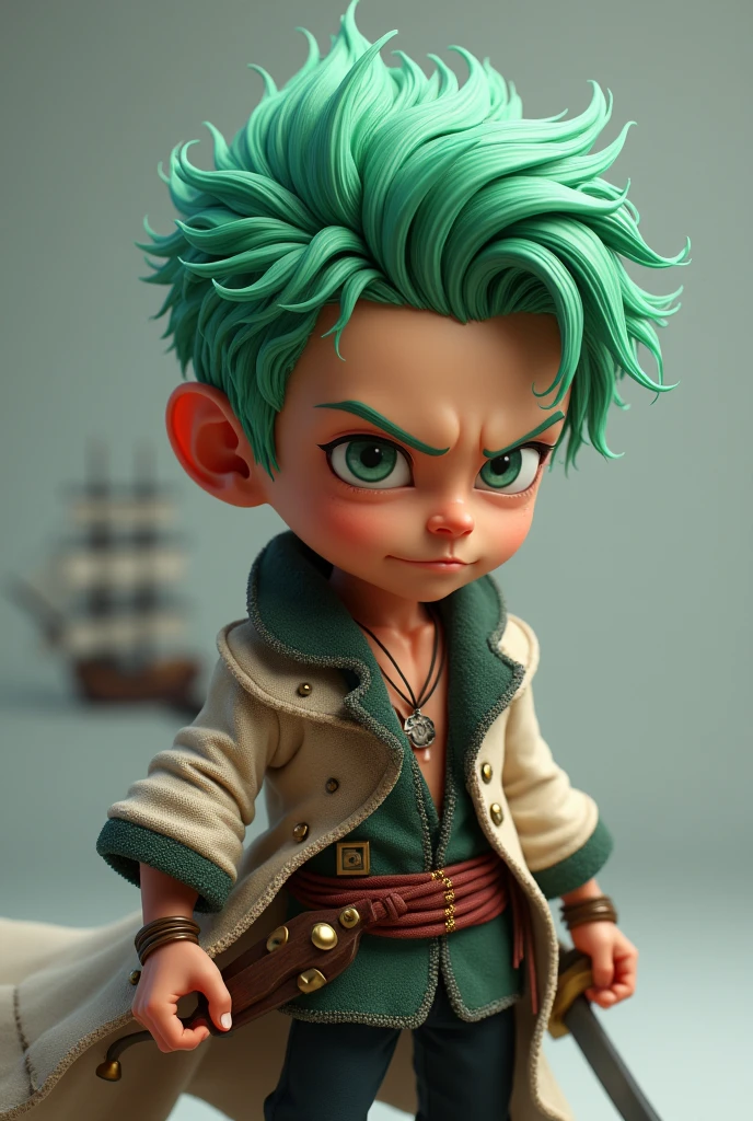 hyper realistic 4D caricature with a super big head, a young Indonesian man, a man with green hair, wearing a one peace character zoro outfit, and a pirate ship, solid gray background, smooth texture, carrying a sword, soft lighting