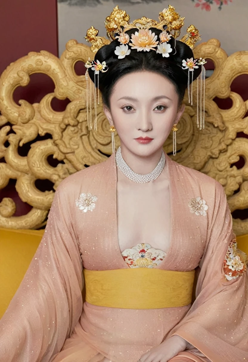 A full-body portrait of a Qing Dynasty Empress sitting naked on a large golden sofa in the palace.,  Empress of the Qing Dynasty, Wearing a large crown, She is completely naked, Showing off gorgeous large flowers and hairpins, She tied her hair up and pulled it up, 背景はEmpress of the Qing Dynastyの豪華な宮殿.