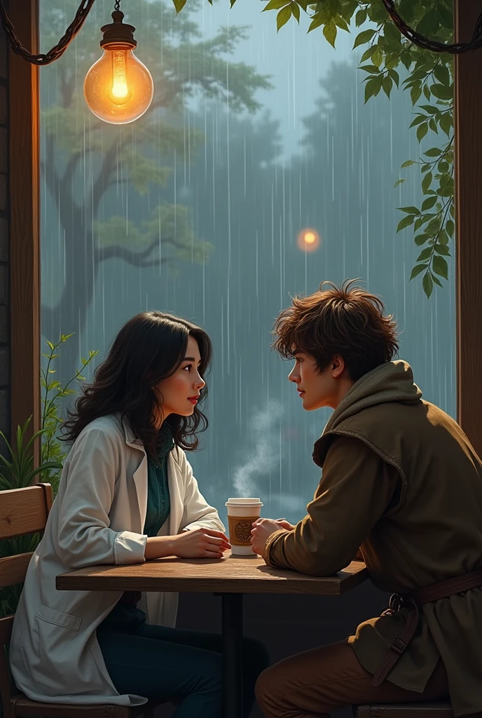 Have an Asian woman with medium-length hair, a scientist, and a man with messy brown hair and medieval peasant-style clothes in a coffee shop drinking coffee. Through the window, there's a man watching them. , He is tall, blonde with medium-length hair wearing school clothes, rainy atmosphere