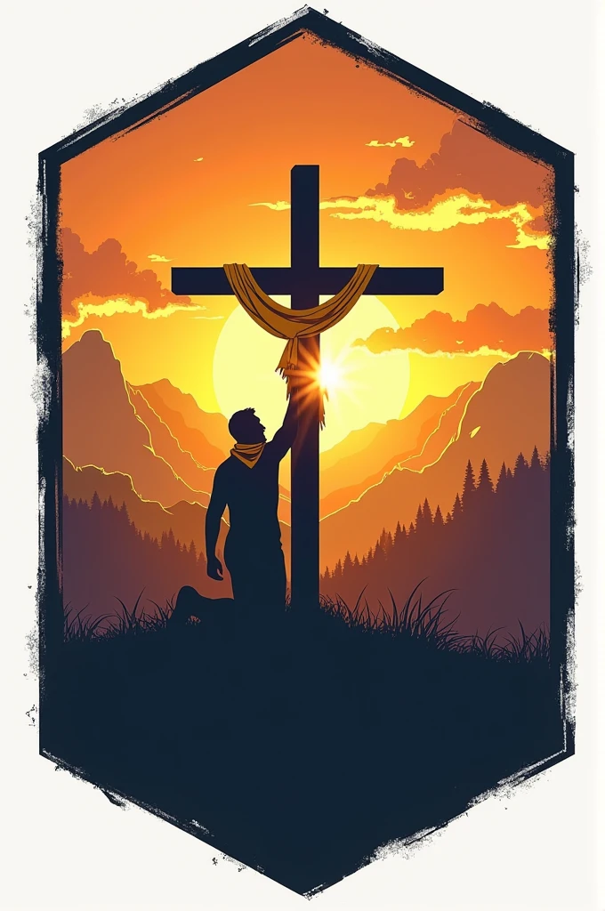 Create a logo of an octagon that has a landscape background with a beautiful sun and a shadow of a cross and the shadow of a man worshipping the cross with a yellow scarf around his neck.