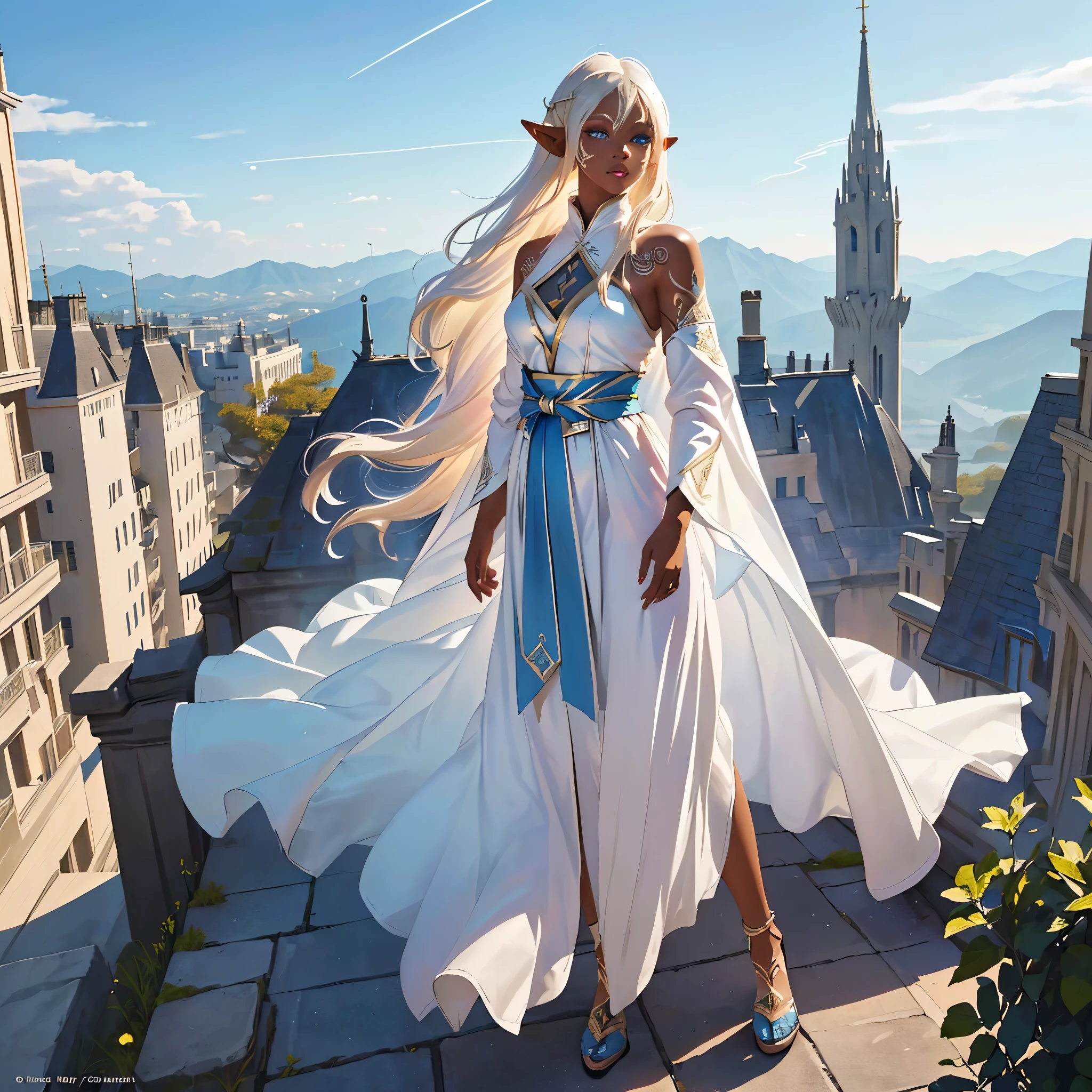 A platinum blonde haired female elf standing in an aerial city, Dark skinned female elf, she is dressed in traditional costume, long robes, she has a white tattoo on her face that looks like lightning, she has white tattoos all over her body, cool, sky is blue, full body portrait of her