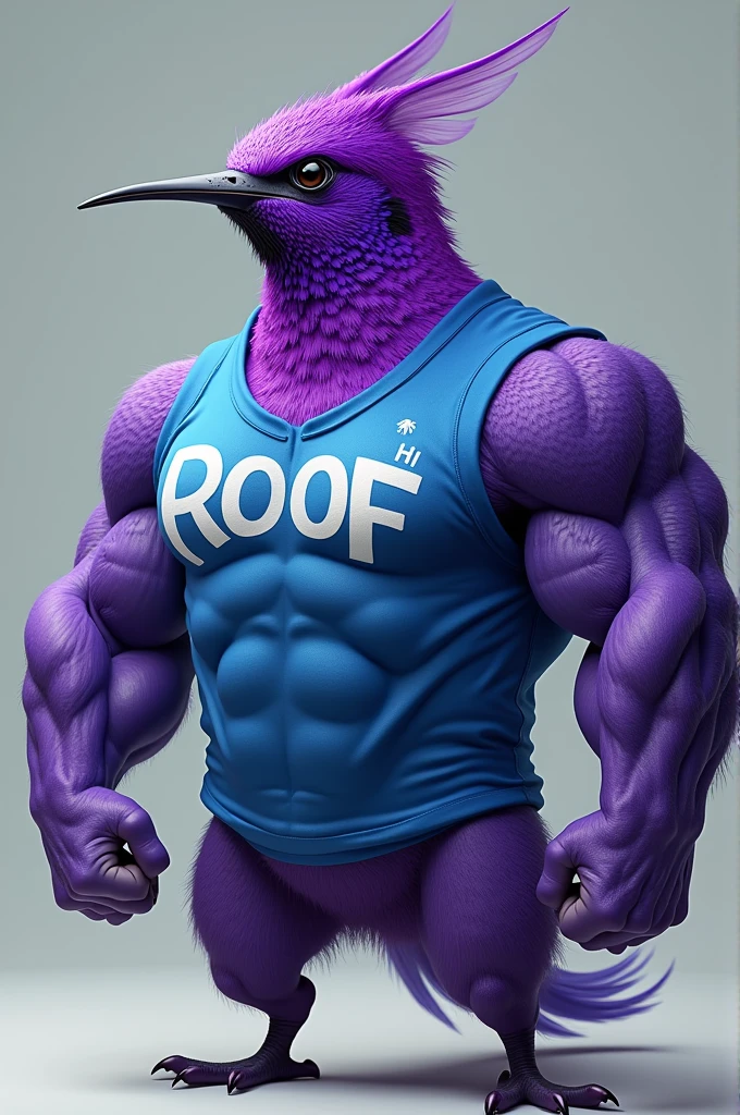 A super muscular purple hummingbird wearing a blue shirt with the word 'ROOF' in Spanish,
That his shirt almost popped from how muscular he was