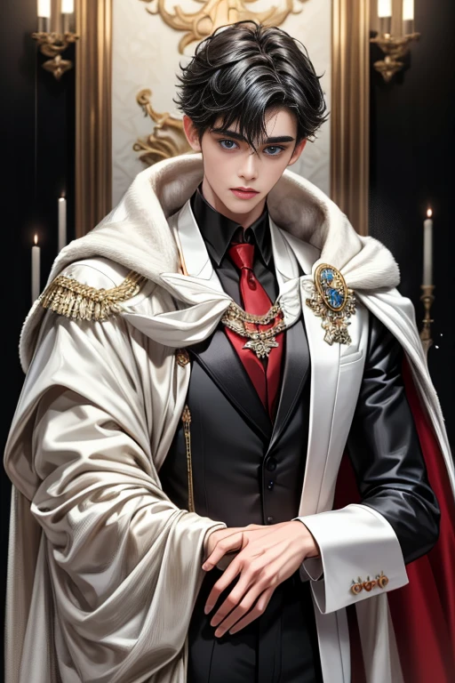 masterpiece, 最high quality, high quality, 1 boy, alone, Male focus, Watching the audience, Messy black hair, Adorable big blue eyes, White, Noble, Noble,A sexy, voluminous, puffy cape、tuxedo、A very voluminous, large, very large, very large, long, long red and black cape with a high stand-up collar, made of a lot of fabric that reaches down to the floor., ,Cute beautiful boys,Cute, cute, kind, handsome guy