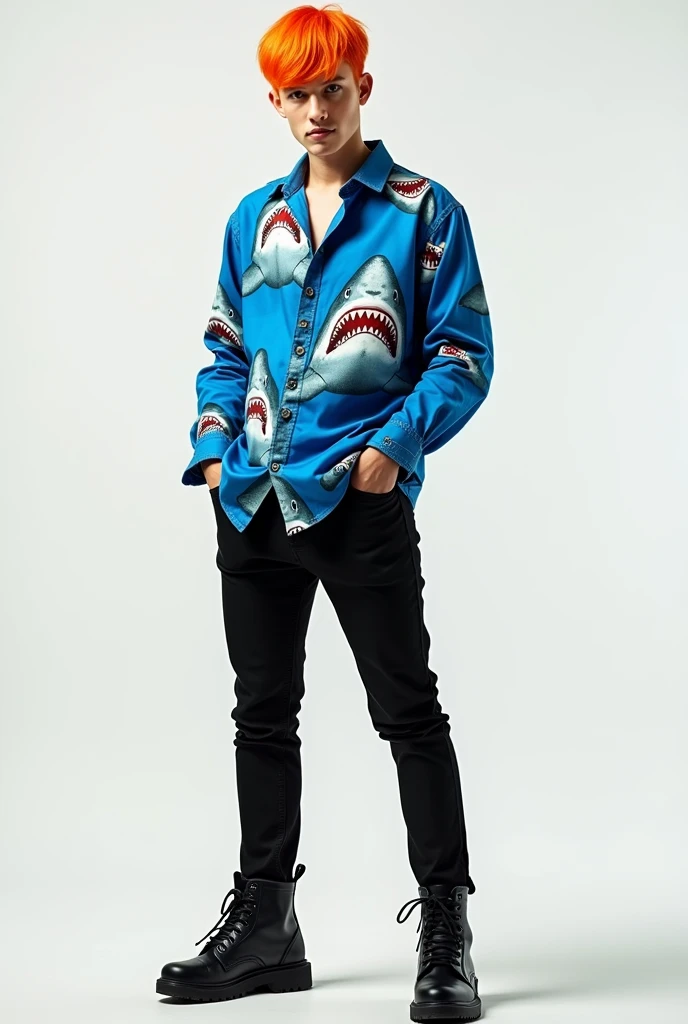 A 19-year-old man with short orange hair, wearing a long-sleeved blue shirt with shark print, black pants, and black shoes.