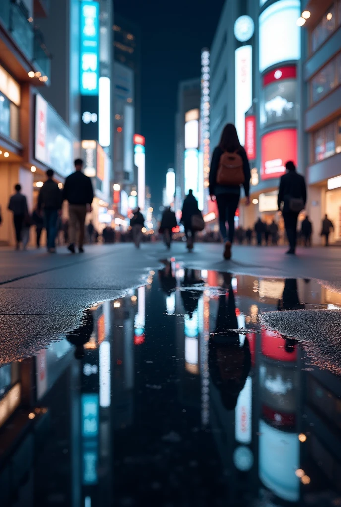 masterpiece,Highest quality,(Ultra-high definition CG Unity 8K wallpaper),(Highest quality),Physical Rendering,puddle,City view reflected on the water,Reflection of light,night,Busy Street,Passers-by々,Shibuya City