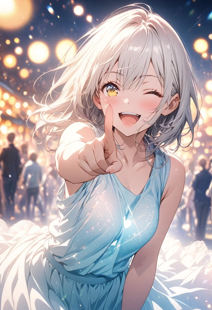 masterpiece, Highest quality, Highly detailed CG Unity 8K wallpapers, High School Girl Anime Illustration. Wear an oversized tank top、Love Dance Solo, Pointing index finger, she has her eyes closed and mouth open, smile. The background is a light pastel colored landscape.., white hair color, Yellow Eyes, bokeh photography, (soft focus):1.2, out-of-focus highlights, dreamy ambiance, glowing circles, mesmerizing depth, The background is realistic